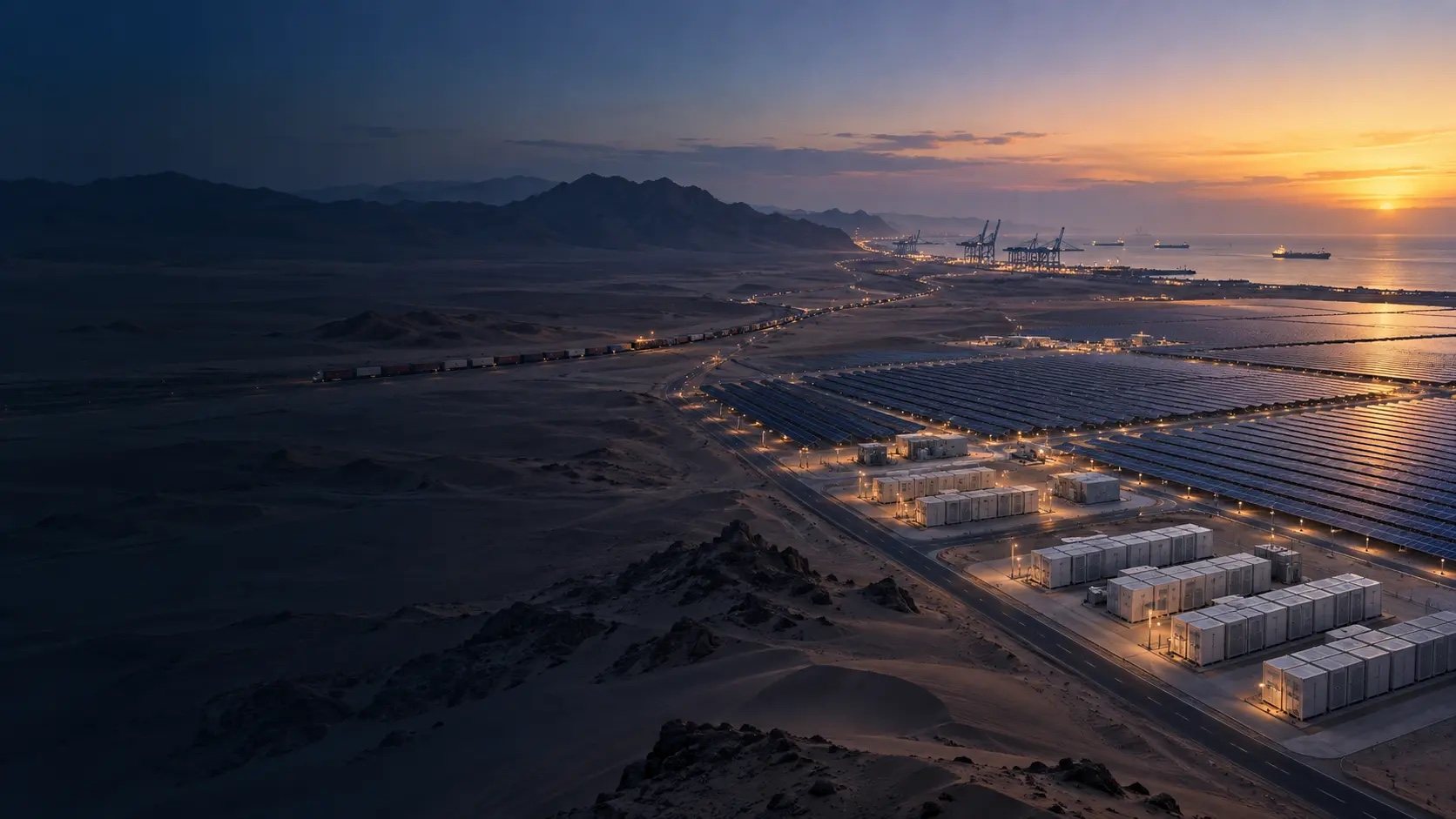 Campo solar en el desierto al atardecer